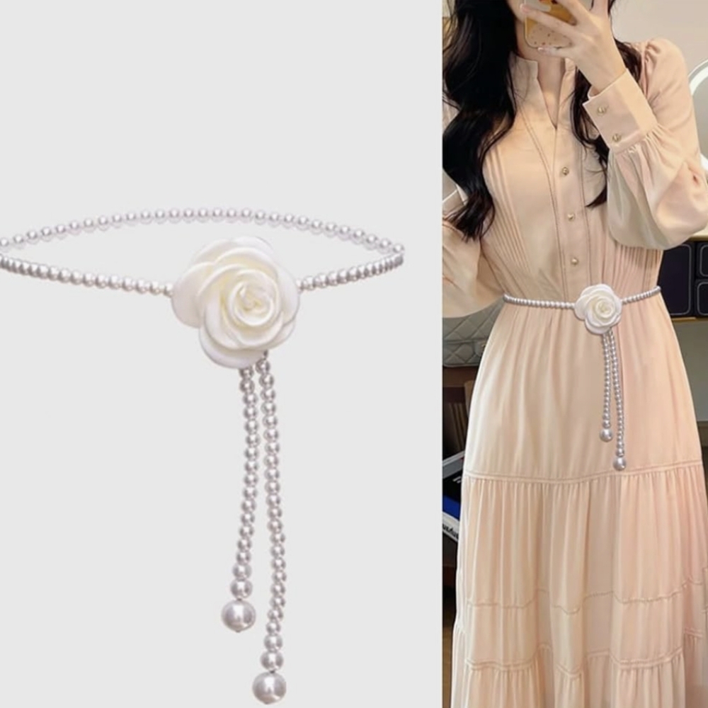 White Pearl & Camelia Flower Adjustable Waist Belt